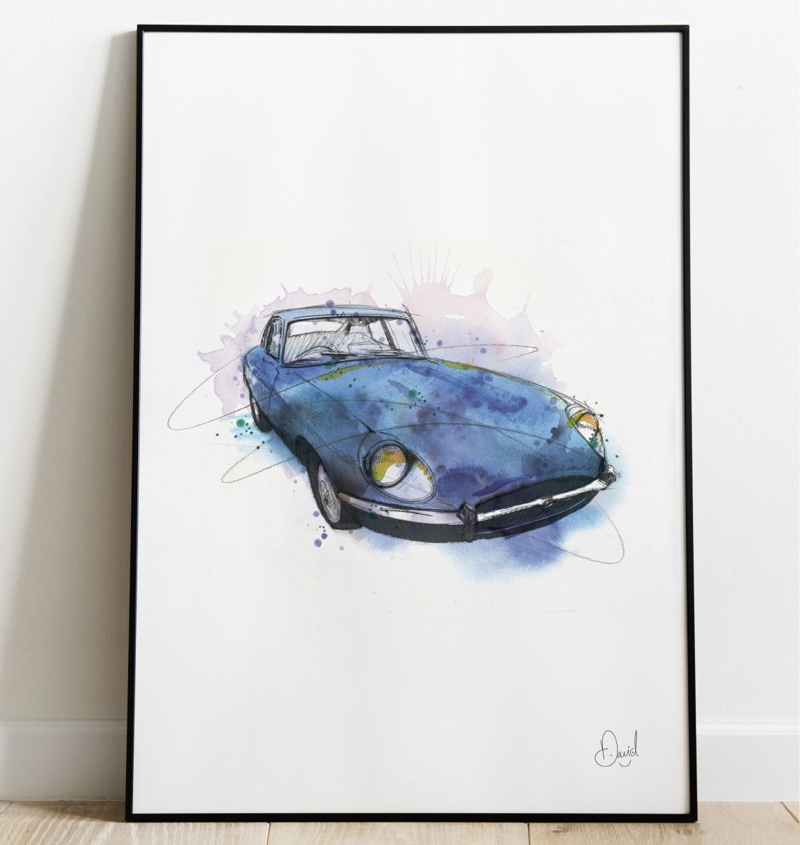 Jaguar E-Type - Big Blue Typo art print