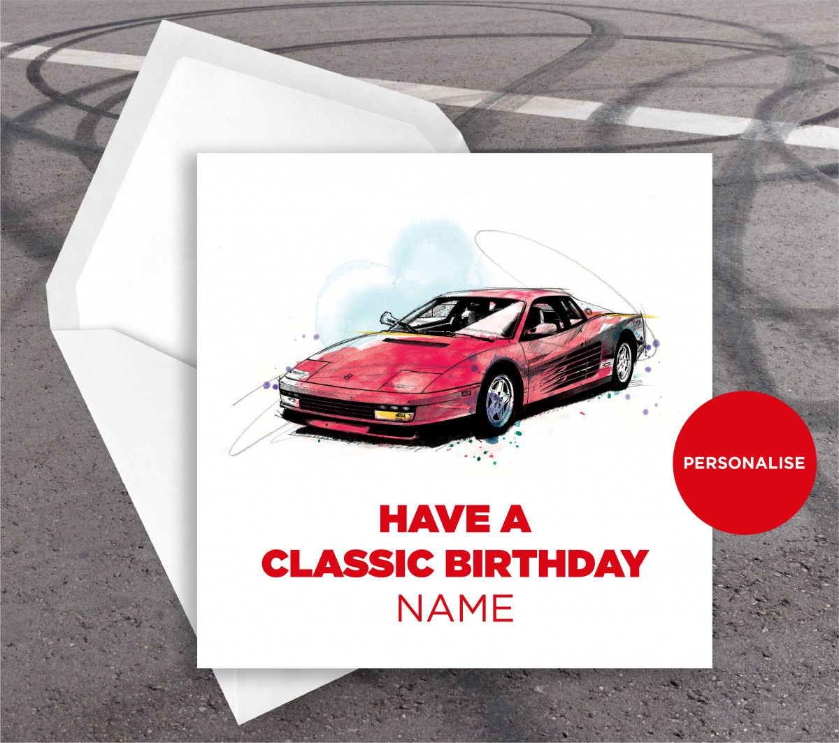 Ferrari Redhead, personalised birthday card