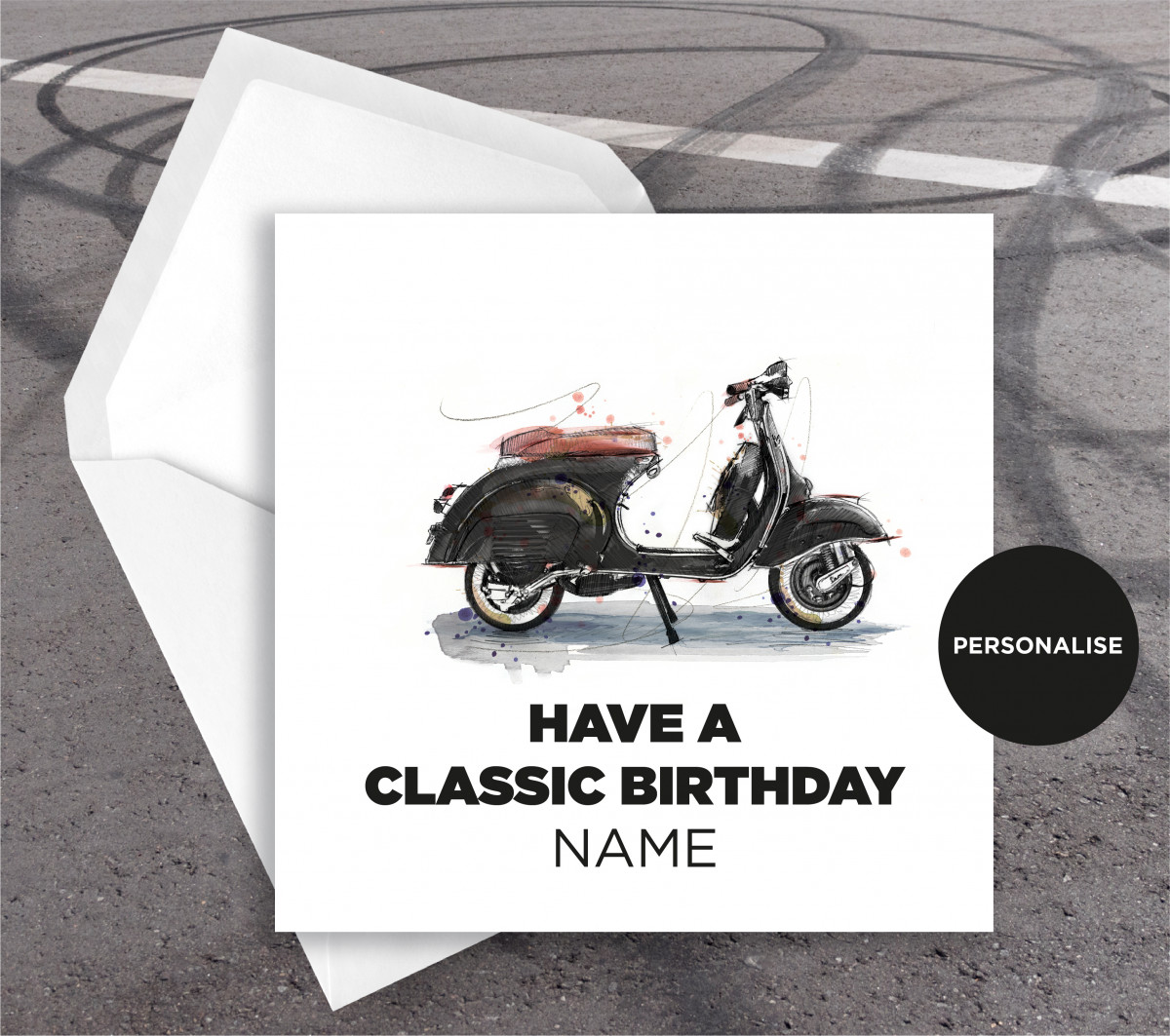 Vespa, Black & Tan, personalised birthday card