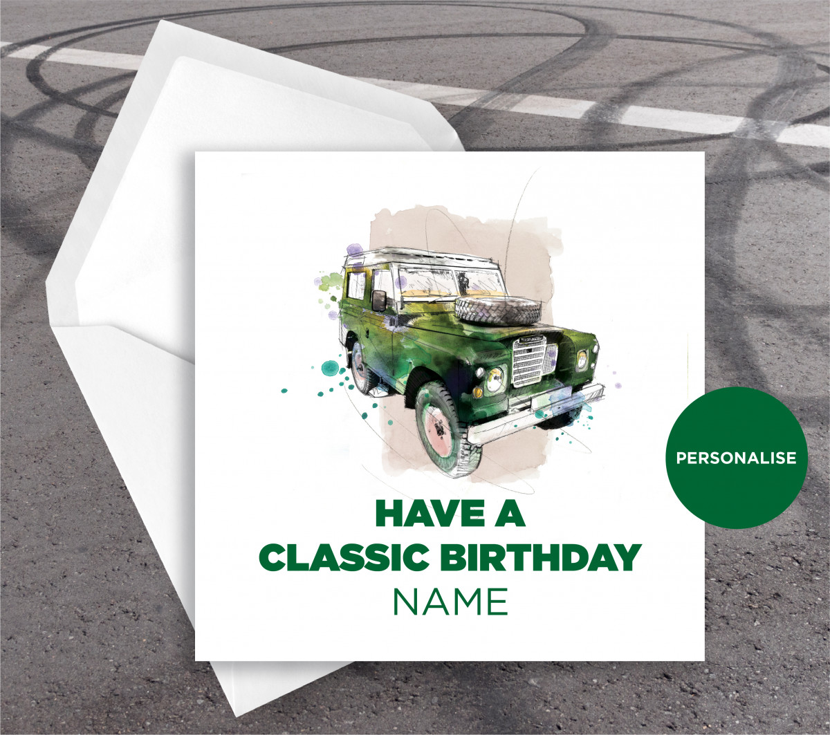 0165 Dm Land Rover Defender Green Greetingscard Greetingscard 1 Web