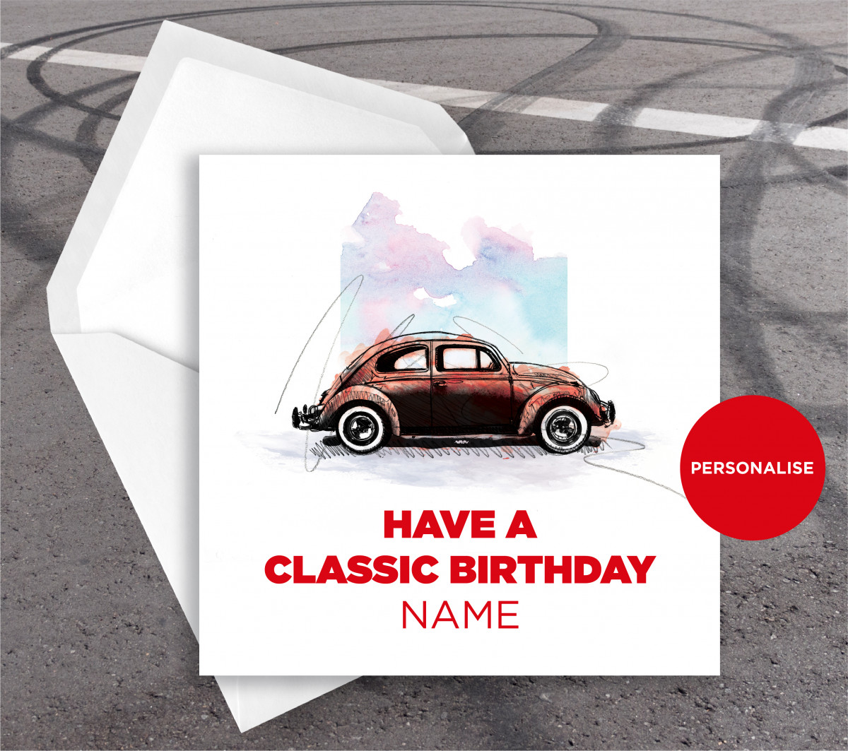 Volkswagen Beetle, personalised birthday card