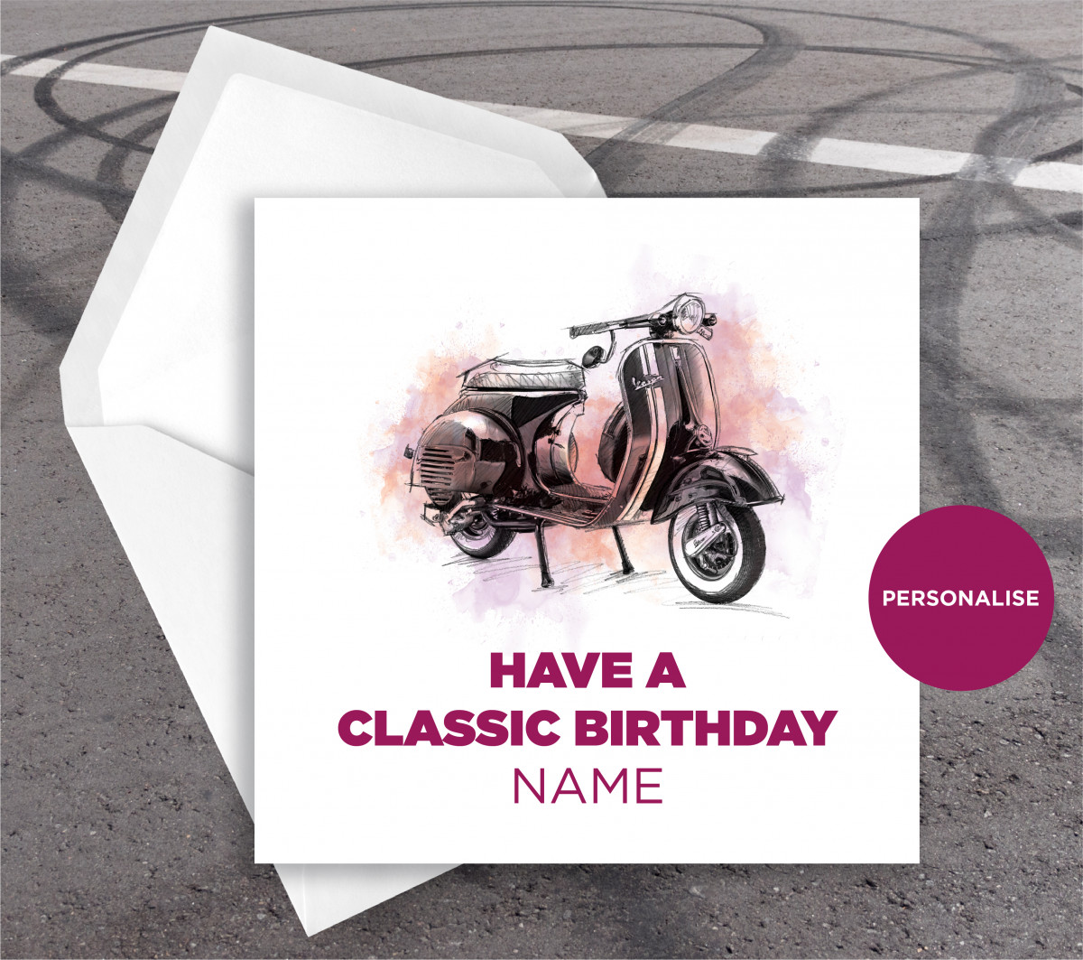 Vespa, VNA, personalised birthday card